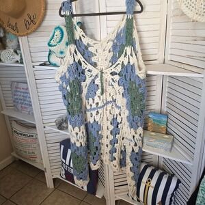 Handmade Crochet Granny Square Boho Vest Blue Green Cream 3X Plus Size